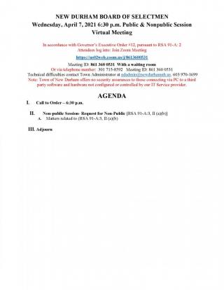 Selectmen meeting agenda 4-7-21 Zoom 861 360 0531